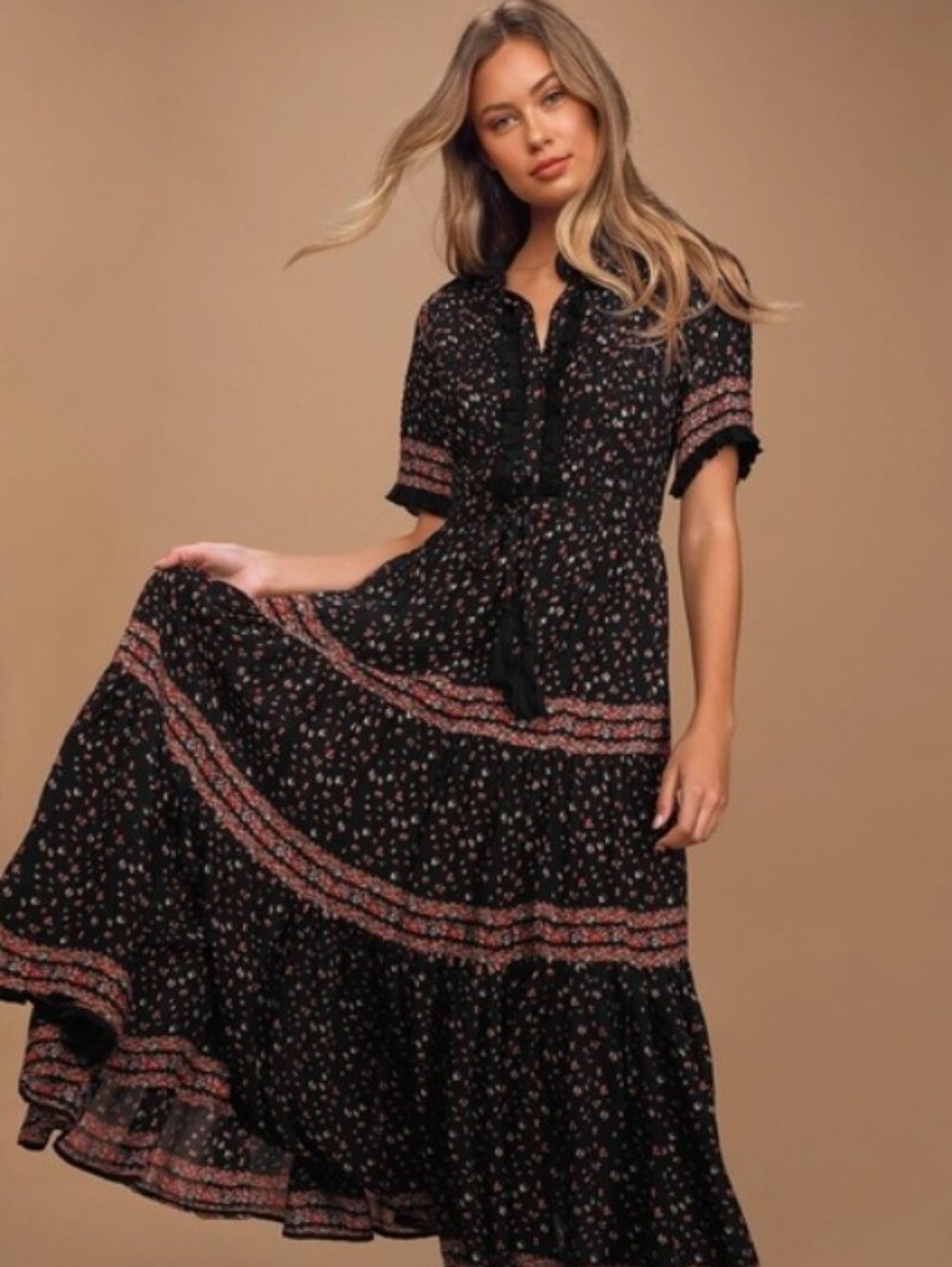 Free People Rare Feeling Black Combo Maxi Dress Large